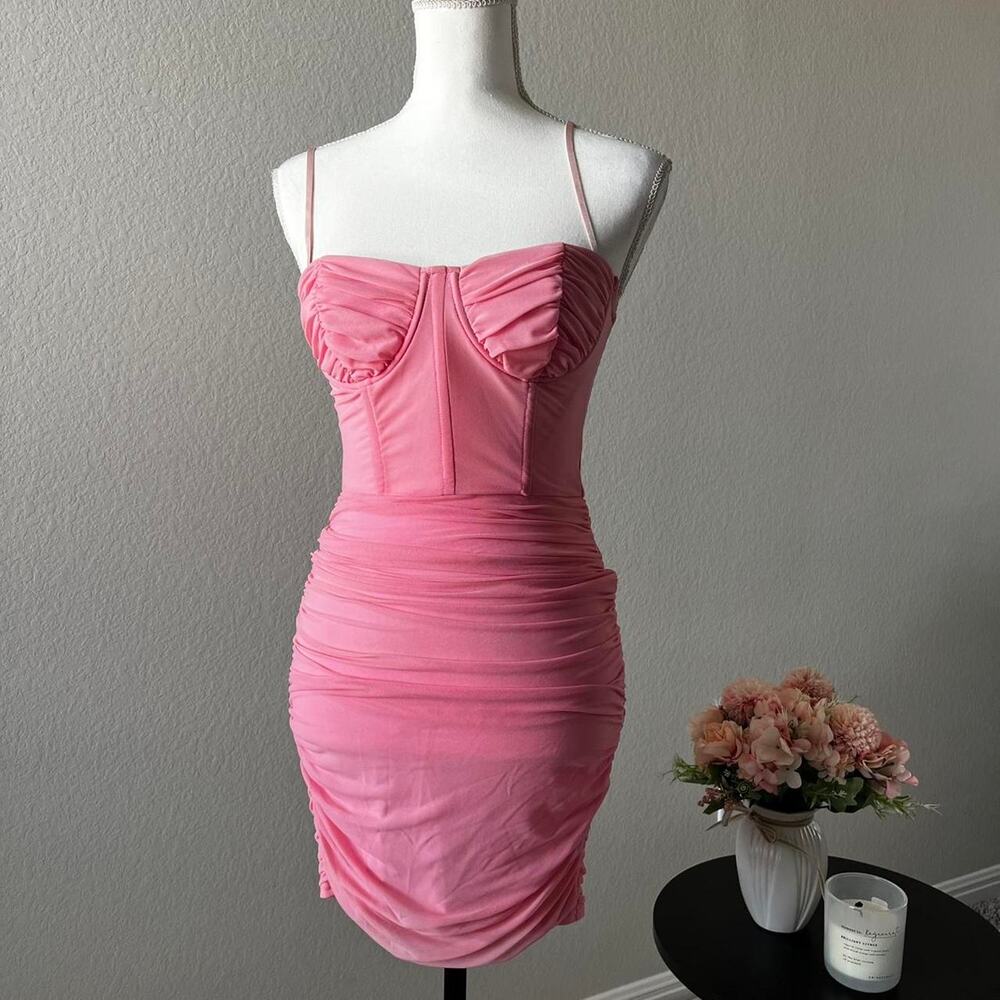 Pink ruched corset mini dress